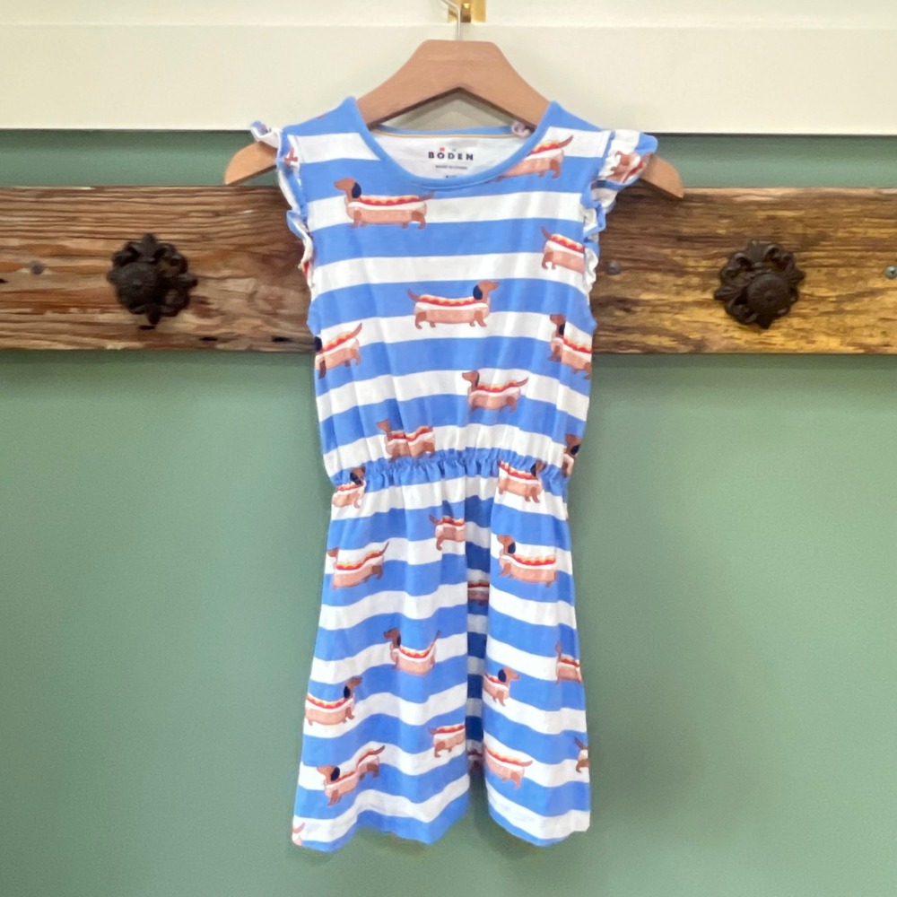 Mini Boden Girls Blue White Striped Hot Dog Dachshund Ruffle Dress Size 6-7Y